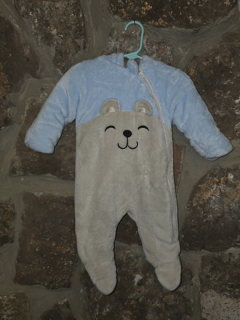 Wonder Nation Baby Bear Fleece One Piece 6-9M Light Blue Gray Hooded Bodysuit